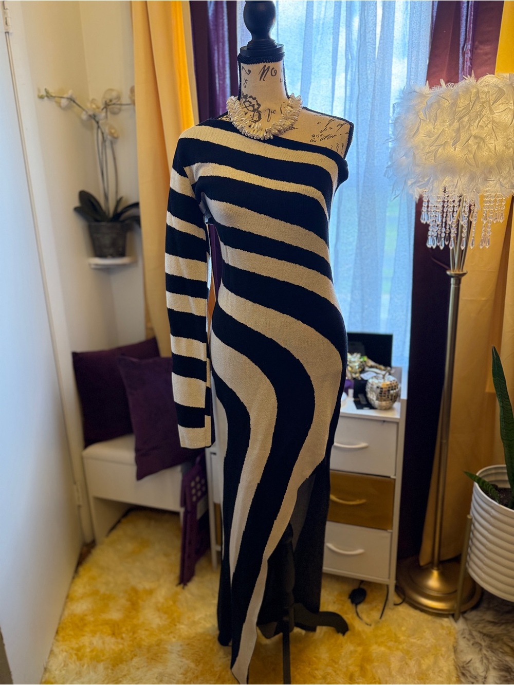 AKIRA One-Shoulder Knit Black and Cream Striped Maxi Dress